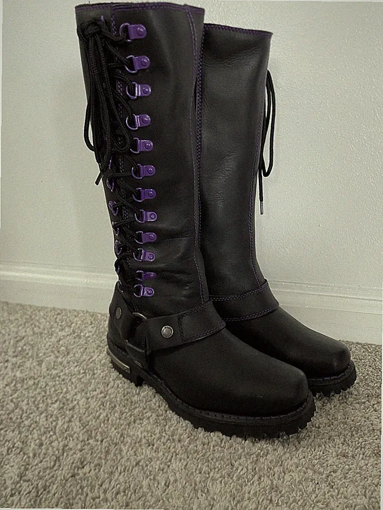 $180 Milwaukee Leather Black 14” Gothic biker Harness Boots Purple Sz 5 1/2 5.5