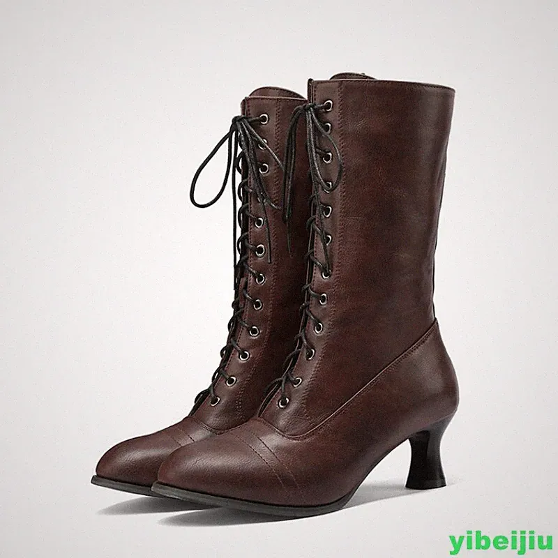 2025 Fall Winter Vintage Womens Mid Kitten Heel Calf Lace Up Leather Boots Shoes