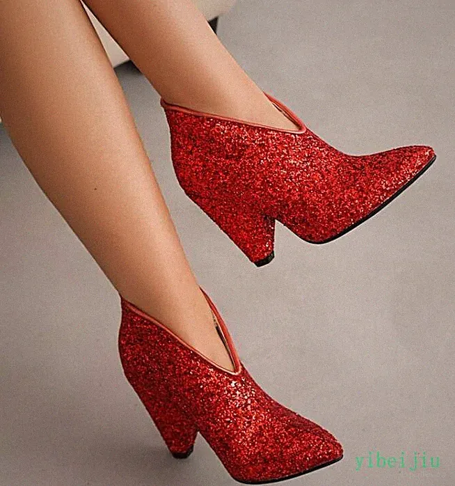 Women's Pumps Sequin High Cone Heel Ankle Boots Pointed Toe Party Pull On Shoes
