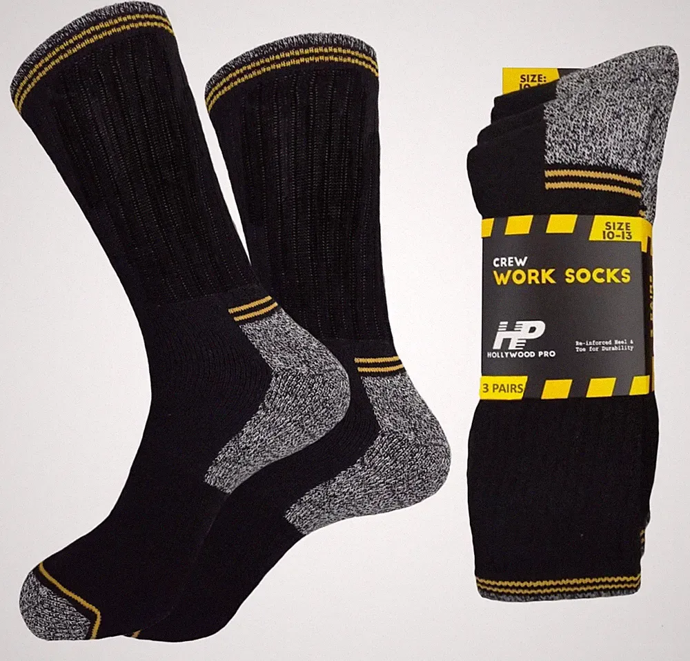 3PK CREW SOCKS FULL CUSHION THICK WORK BOOTS SOCKS COTTON BLACK 10-13