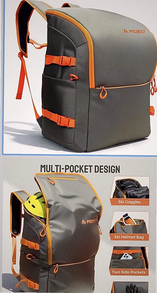 55L Ski Boot Bag Backpack, 6 Pockets, Ergonomic Design, Waterproof Orange-gray