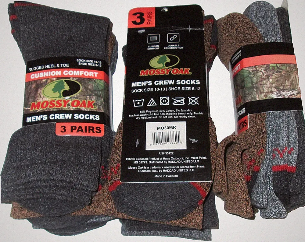 6 Pairs Mens Mossy Oak Cushioned Mid Calf Socks Work Boot Crew Socks Shoe 6-12