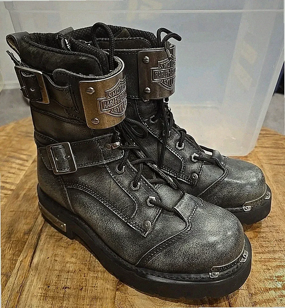 95227 Harley Davidson Silver Metallic Leather Motorcycle Heavy Boots 8