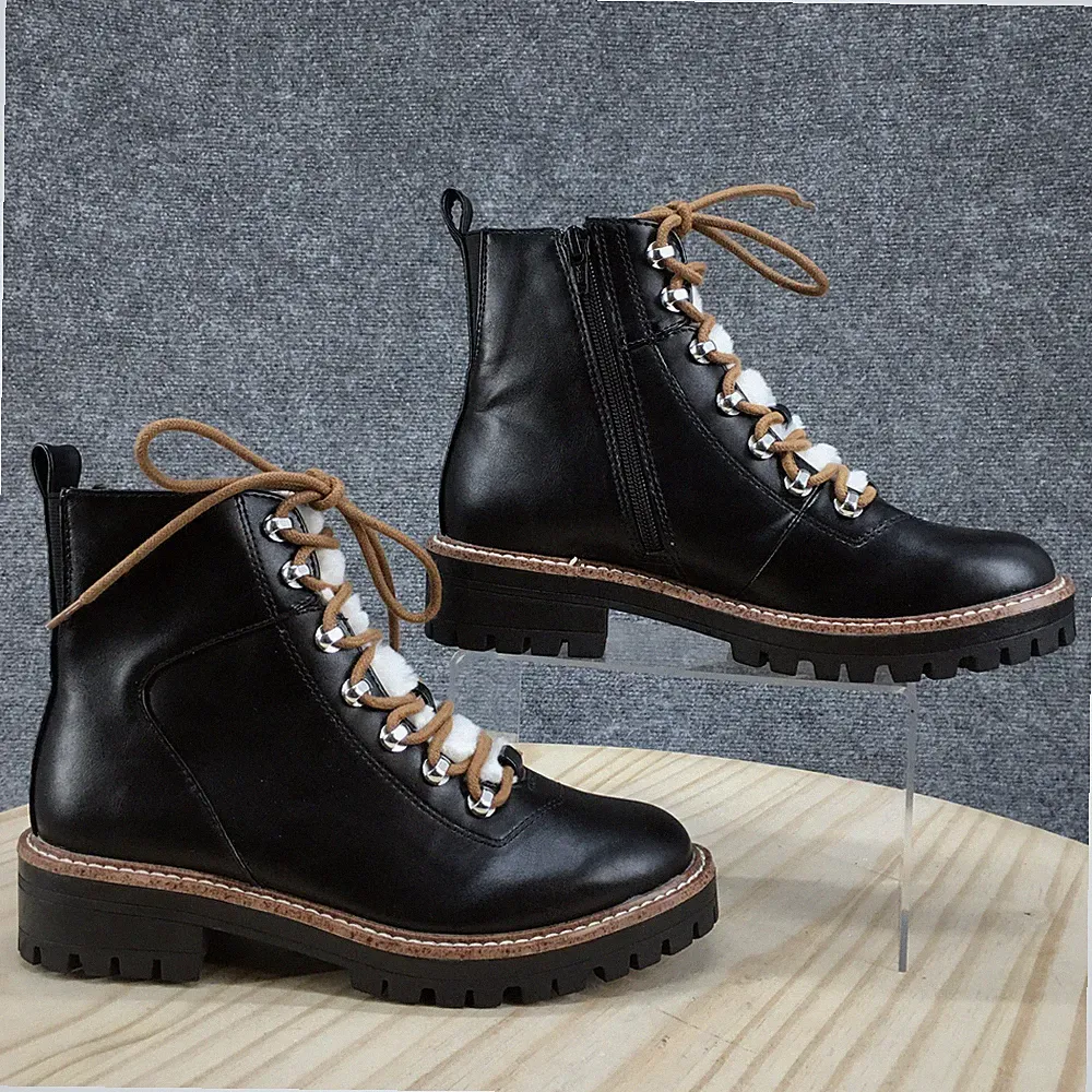 A New Day Boots Womens 6.5 Leighton Hiking Combat Black Faux Leather Ankle Top