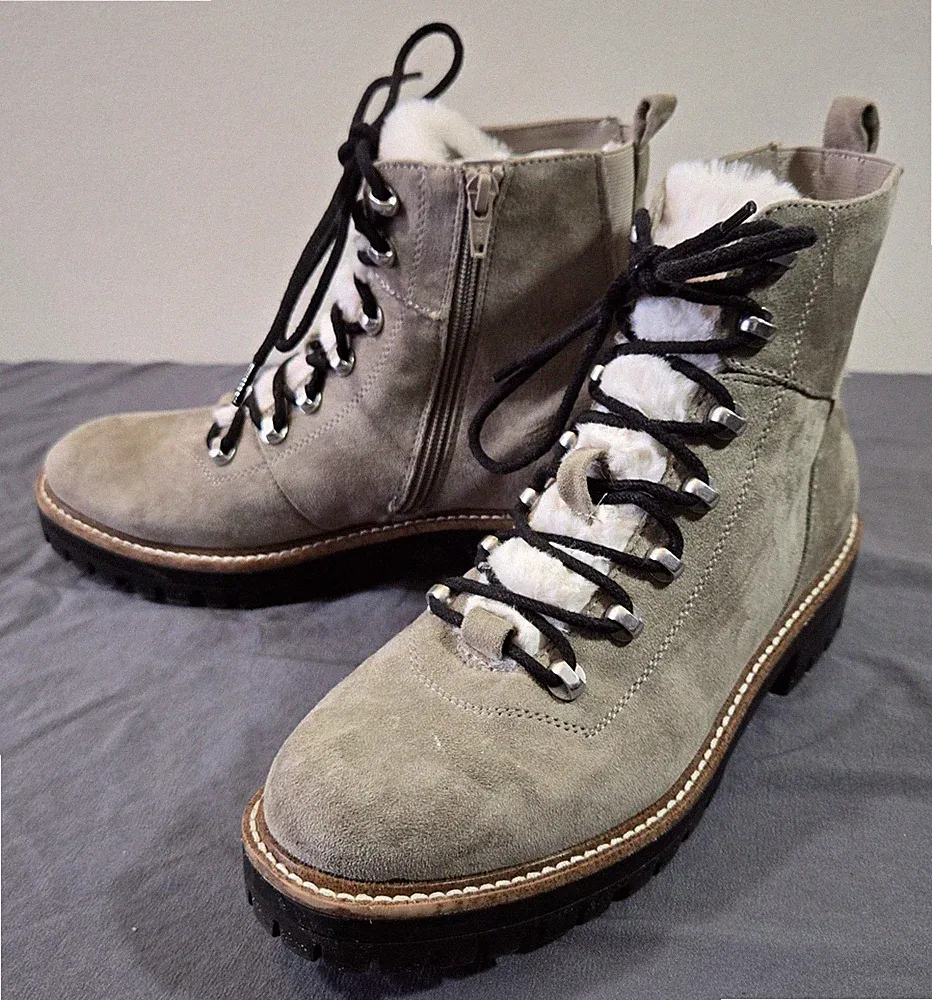 A New Day Leighton Women's 8.5 Sherpa Tongue Boots Hiking Combat Gray Faux Suede