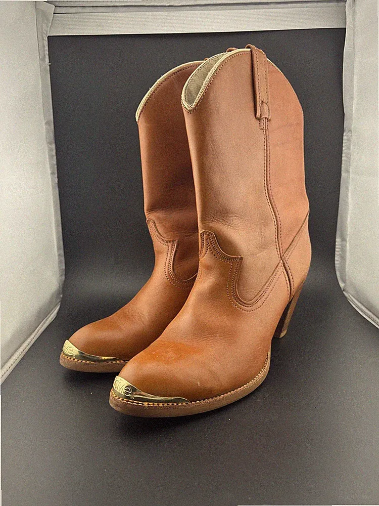 Acme Beige Leather Cowgirl Boots Sz 8D Pointy Toe Embroidered Mid Calf Fave!