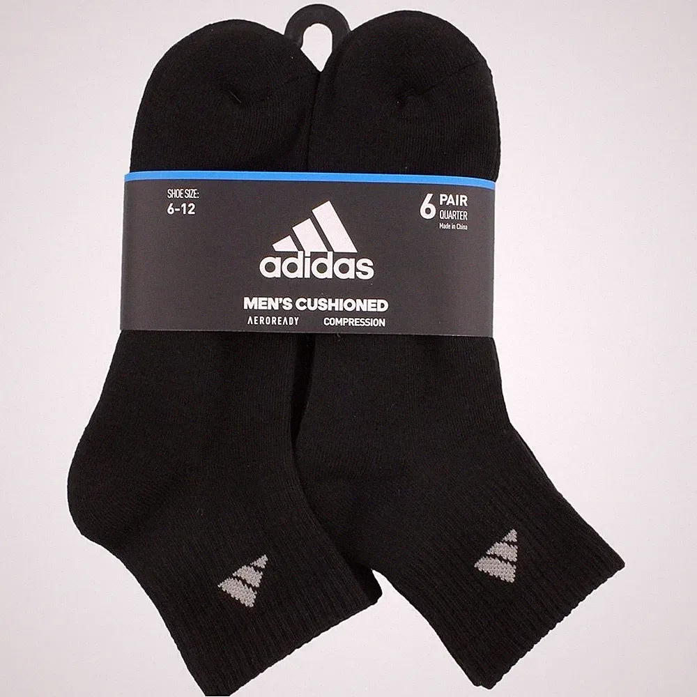 Adidas 6 Pairs Men's Shoe Size 8 - 12 Cushioned Quarter Socks Black LARGE #358