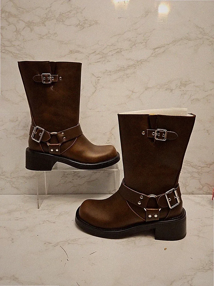 AKIRA Azalea Wang Polaris-Brown Motorcycle Boots Silver Buckle Women's Size 6