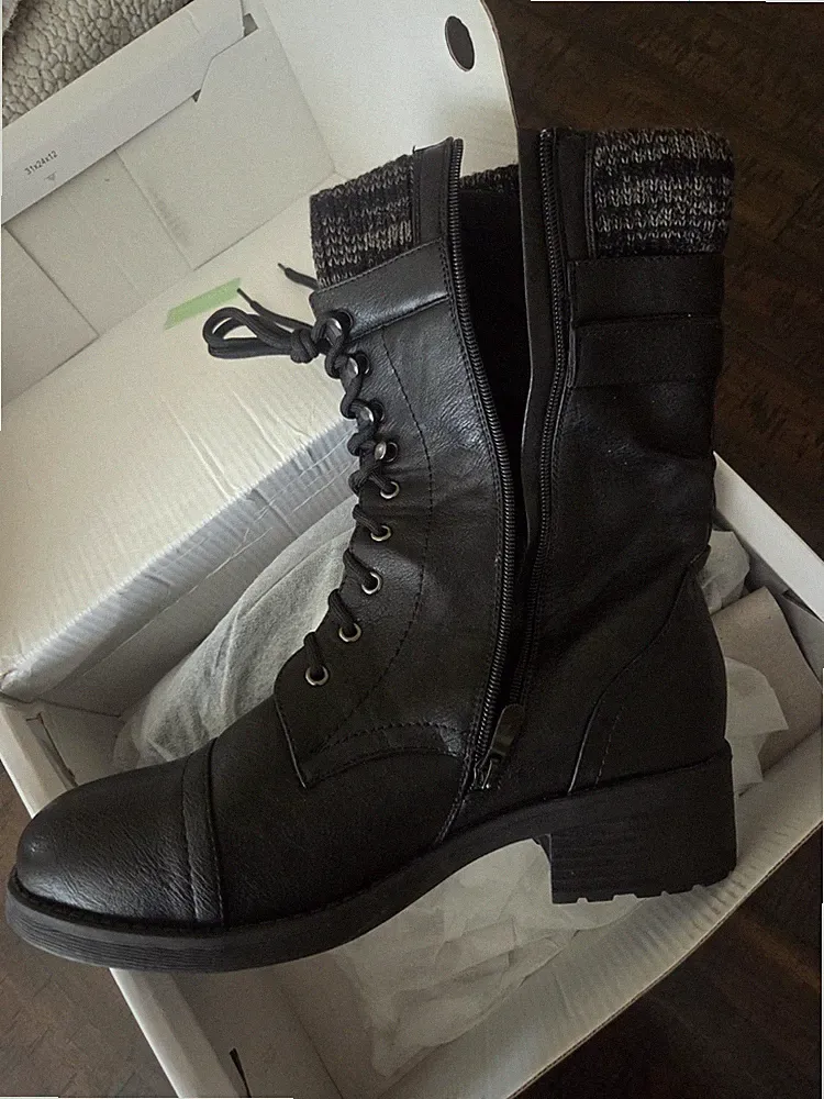 Amazon Women's Black Mid-Calf Combat Boots Lace Up Zip Knit Cuff US 10 EU 41