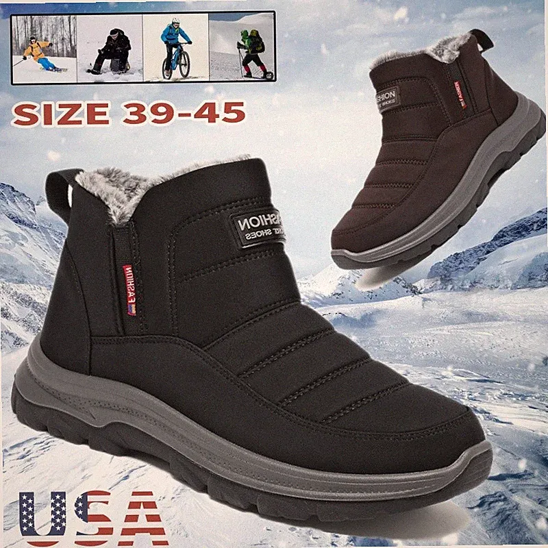 Ankle Snow Boots Men's Insulated Waterproof Warm Fur Lining Shoes Winter Outdoor