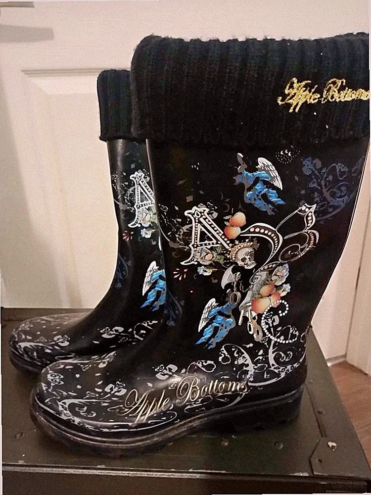 Apple Bottoms Women's Waterproof Knee High Rain Boots Black Floral Knit Cuff