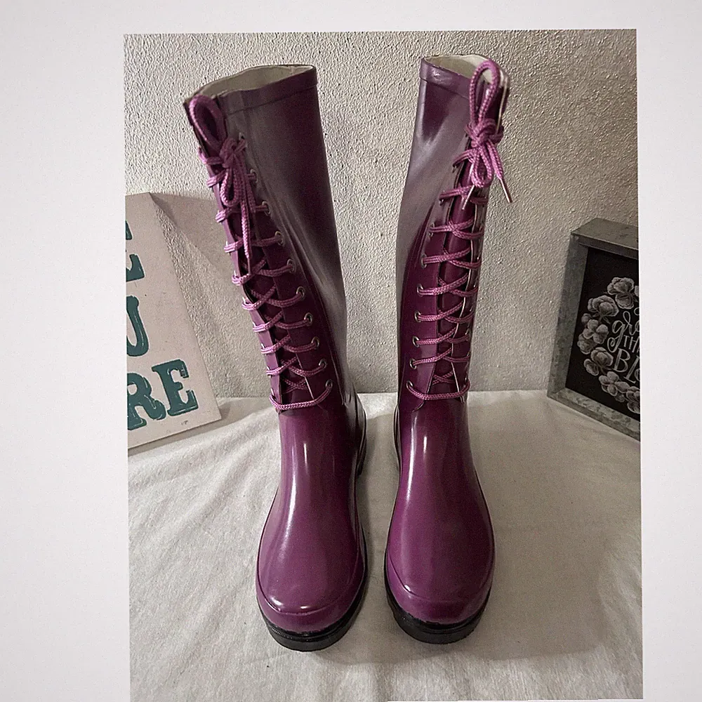 AQUASTOP Waterproof Purple Lace-Up Knee High Rubber Rain Boots Women