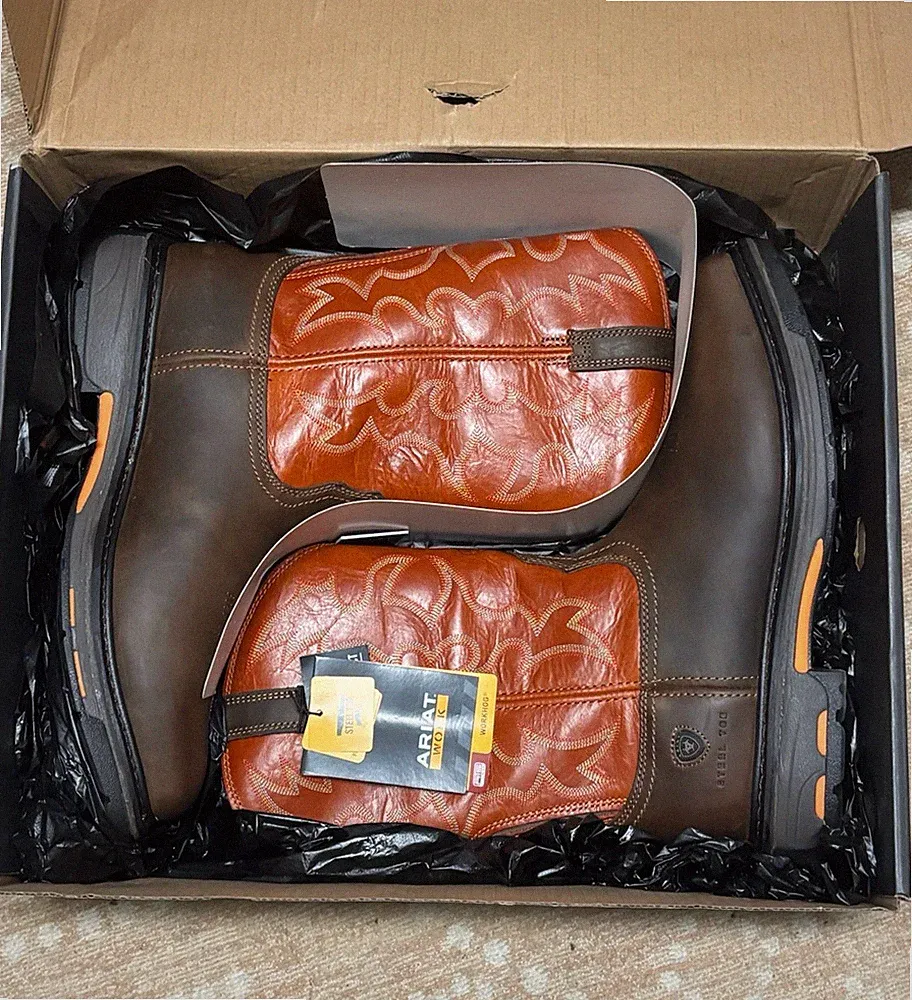 Ariat Men’s Western Pull-On Leather Boots Brown Floral Round Toe Rubber 13D NIB