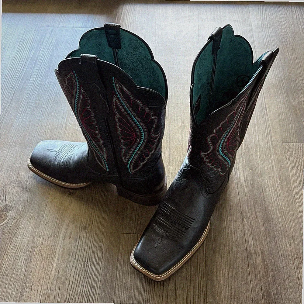 Ariat Western Equestrian Boots Black Turquoise Pink Stitching Square Toe