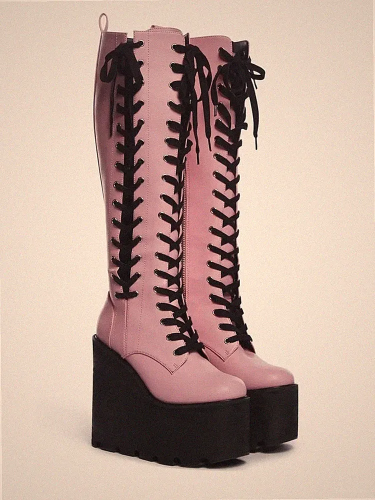 AZALEA WANG "BUBBLEGUM REBEL" Size: 8 Knee-High Pink Lace-Up Platform Boots