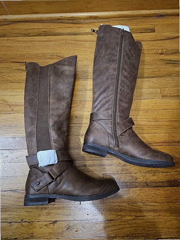 B52 Brown Kayley Knee High Riding Buckle Vegan Leather Fall Casual Zip Boots 6.5