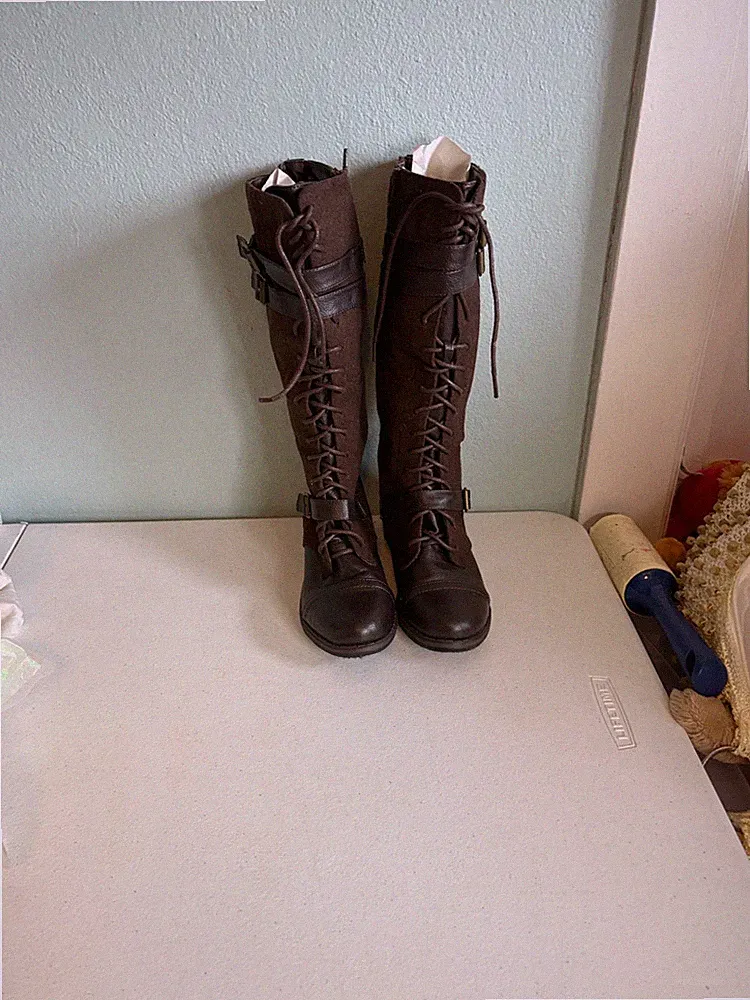Bamboo Brown Knee-High Vegan Leather Lace-Up Boots Size 6