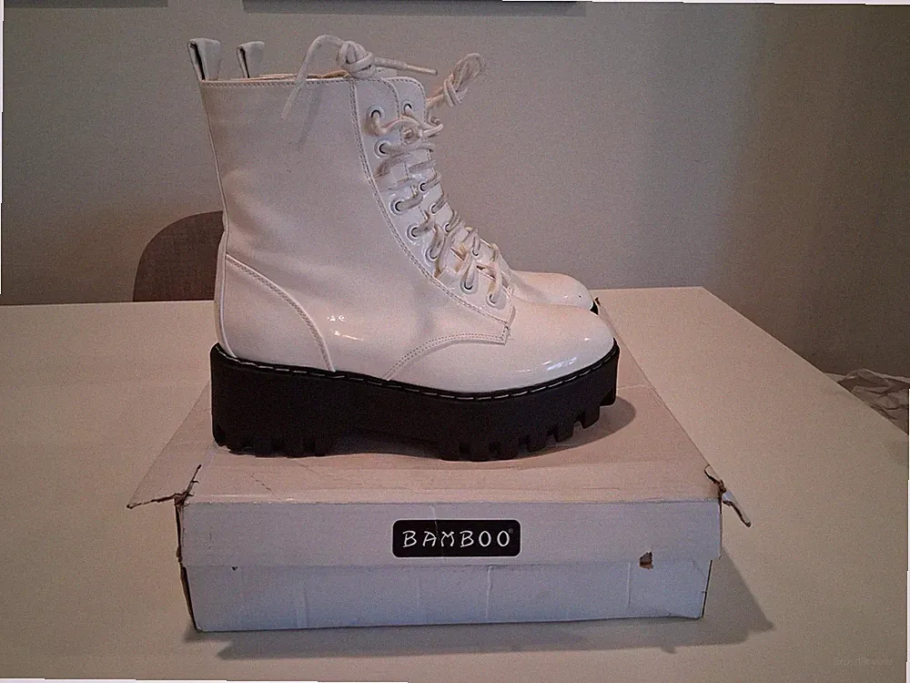 BAMBOO Staging-19 White Patent Faux Leather Platform Combat Boots Chunky Lug...