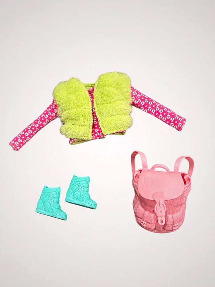 Barbie Doll Accessories Skipper Green Faux Fur Vest Wedge Heel Sneakers Backpack