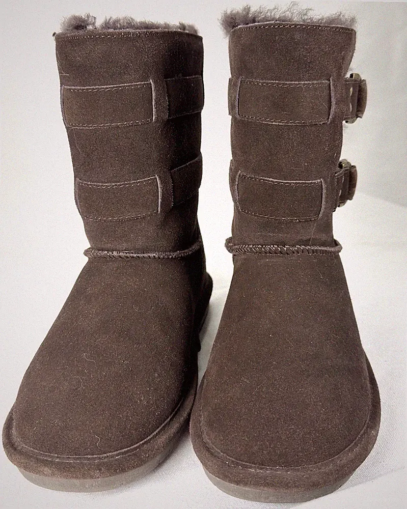 BEARPAW Women's Brown Suede Faux Fur Lined Buckle Mid-Calf Snow Boots Size 8