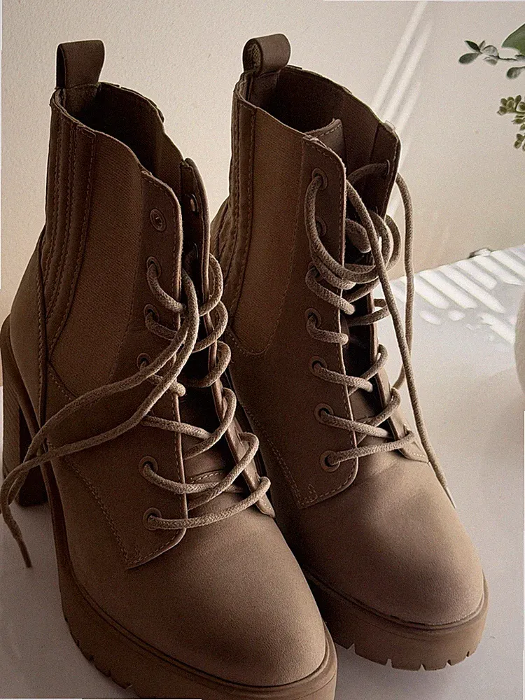 Beige Lace Up Chunky Heel Ankle Combat Boots Women's Synthetic Round Toe Casual