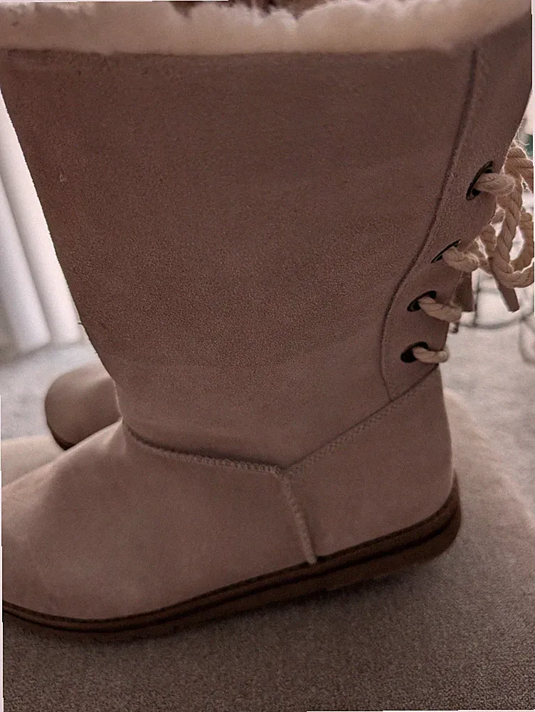 Beige Suede Faux Fur Lined Mid-Calf Snow Boots with Rope Lace for Women
