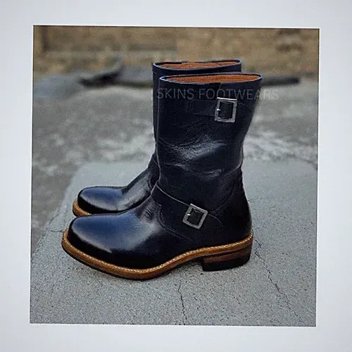 Bespoke Men's Handmade Black Color Combat Boots Double Buckle Motorcycle Boot.