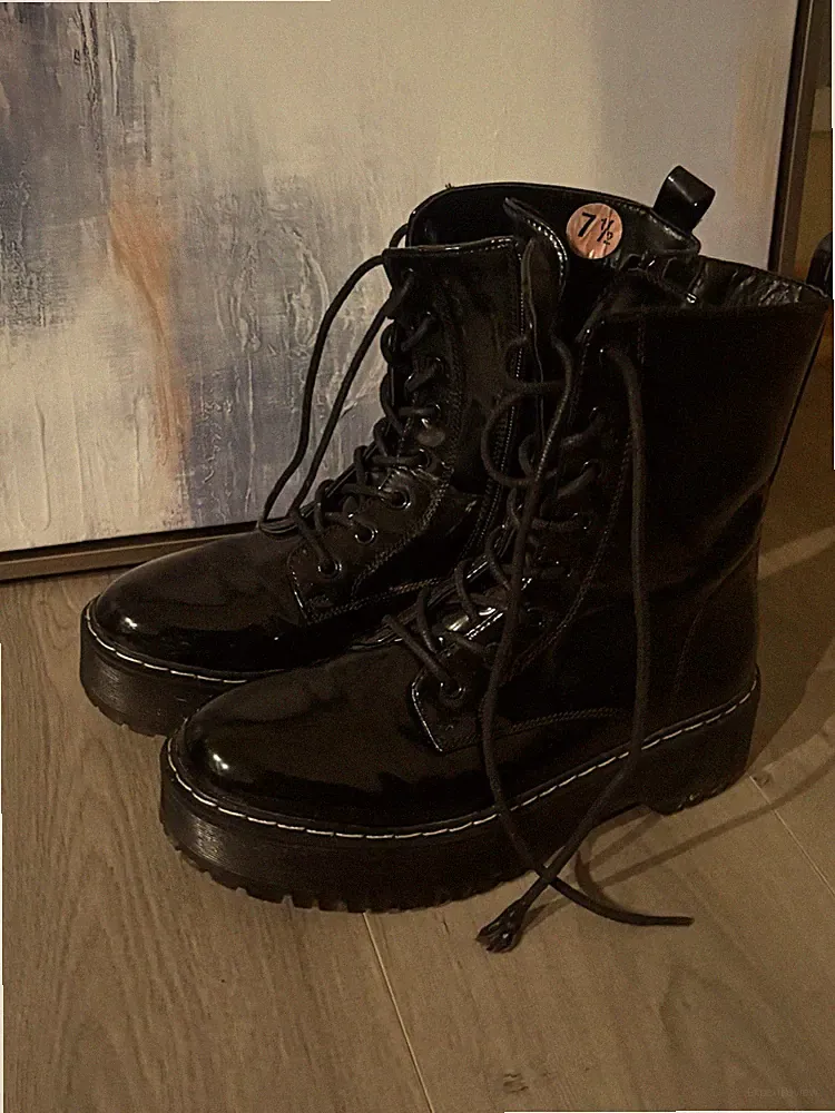 Black Combat Boots Lace Up Hook & Loop Round Toe