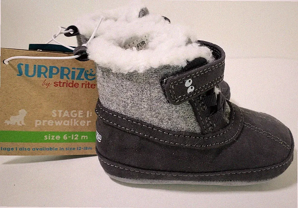 Black Gray Shoe Stage 1 Pre Walker Stride Rite Toddler Size 6-12 Fleece Lined