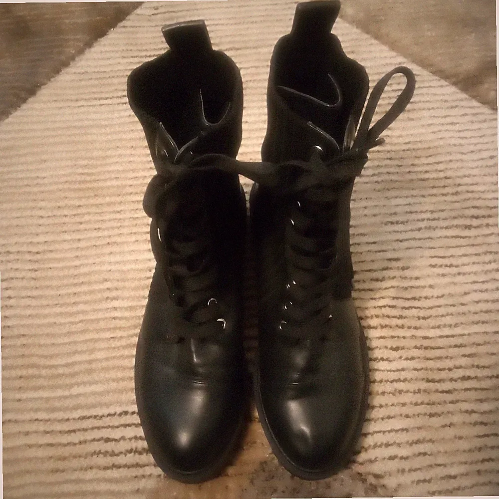 Black Lace Up Mid-Calf Combat Boots Round Toe Faux Leather Rubber Outsole