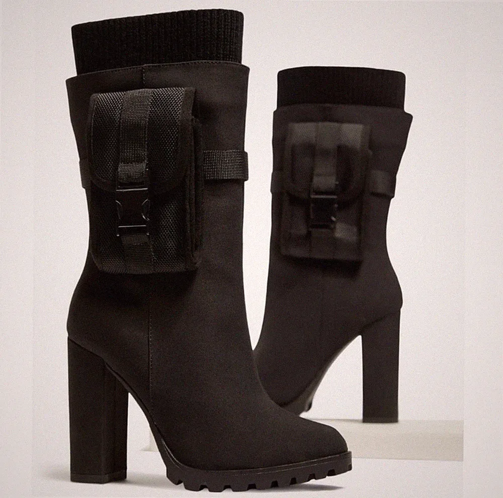 Black Mid-Calf Combat Boots with Pocket Accent, Block Heel, Synthetic Upper