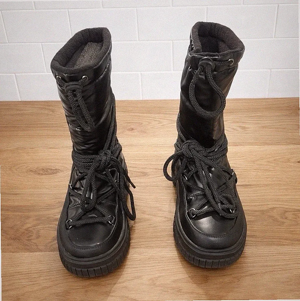 Black Mid-Calf Lace Up Lined Women's Winter Combat Boots Synthetic Rubber Sole