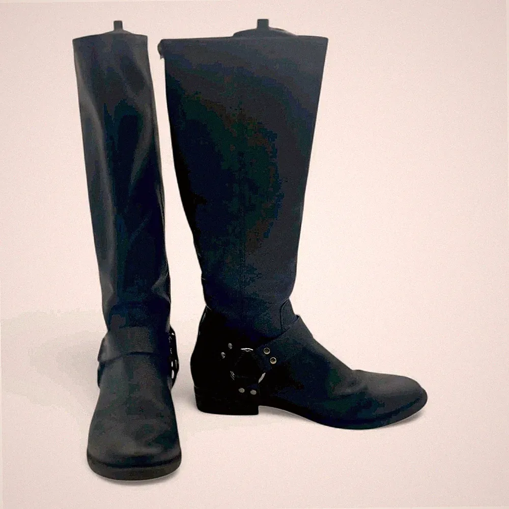Black Moto Harness Riding Boots Tall Zip Vegan Leather Biker Street 7 Grunge