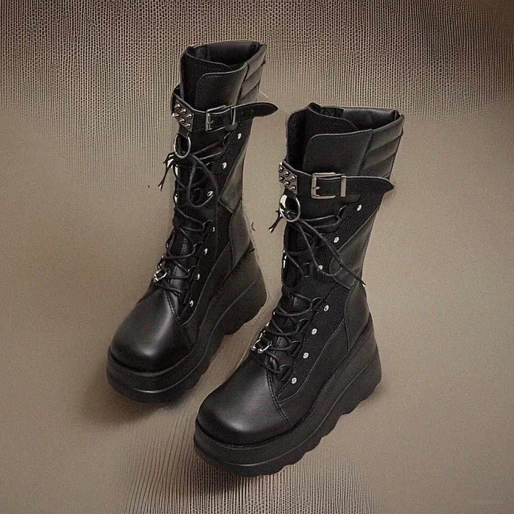Black Platform Mid-Calf Combat Boots Lace-Up Buckle Studded Women's Size 7.5
