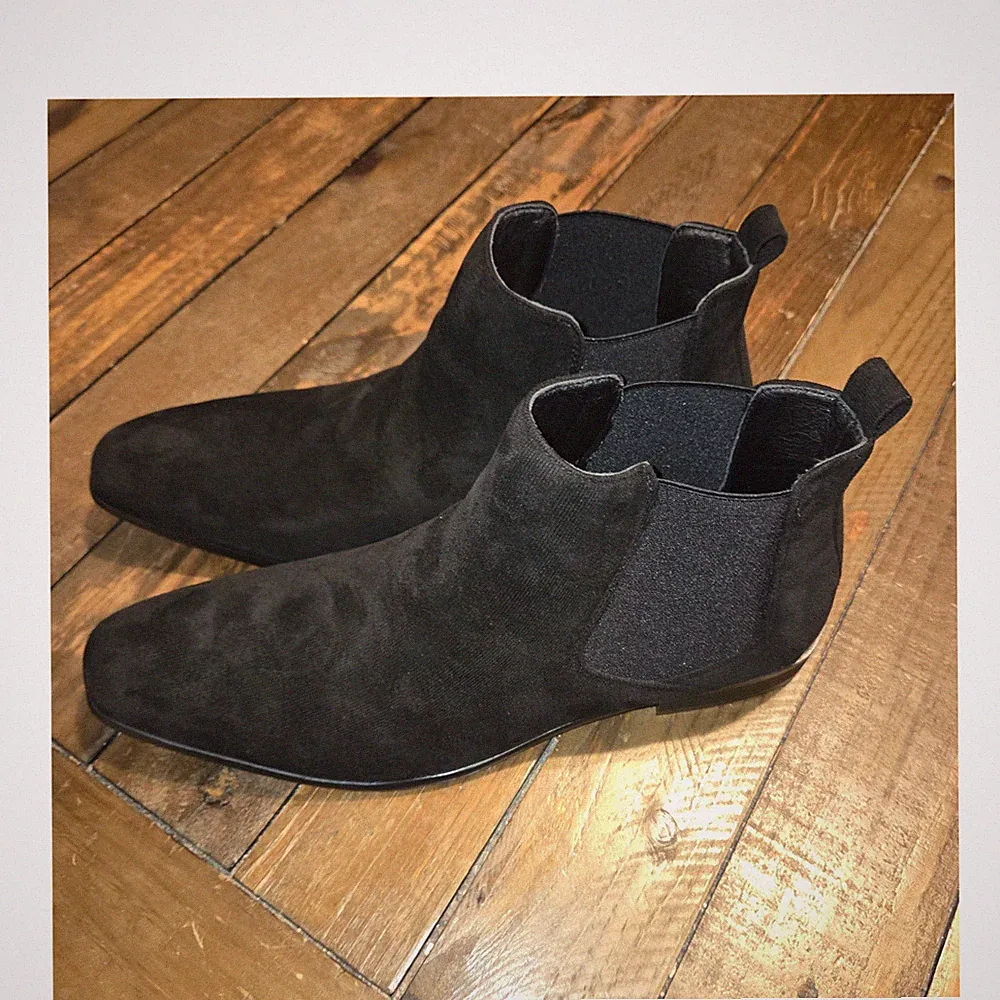 Black Suede Chelsea Boots Men's Square Toe Pull On Ankle Casual Fall Winter