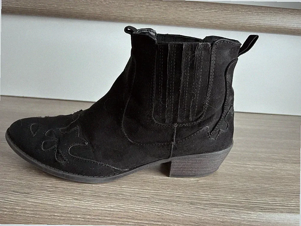Black Suede Western Ankle Boots for Women with Embroidery, Pull On, Round Toe