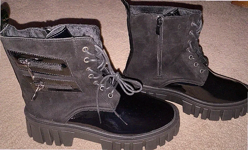 Black Synthetic Ankle Combat Boots Lace Up with Zipper Non-Slip Rubber Sole