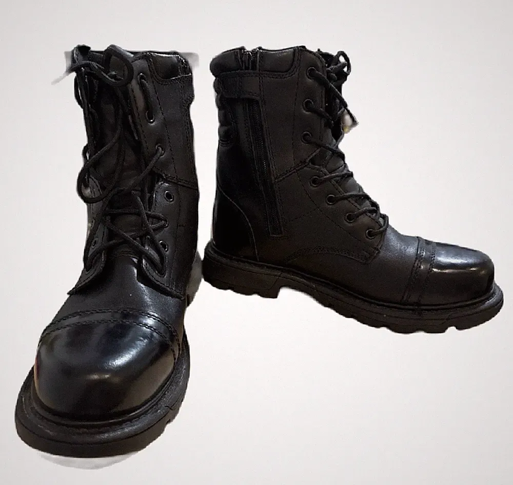 Black Tactical Boots Lace-Up with Side Zipper Solid Pattern Durable Footwear