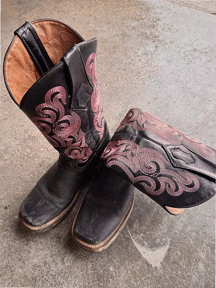 Black Western Equestrian Boots with Pink Embroidery and Decorative Stitching