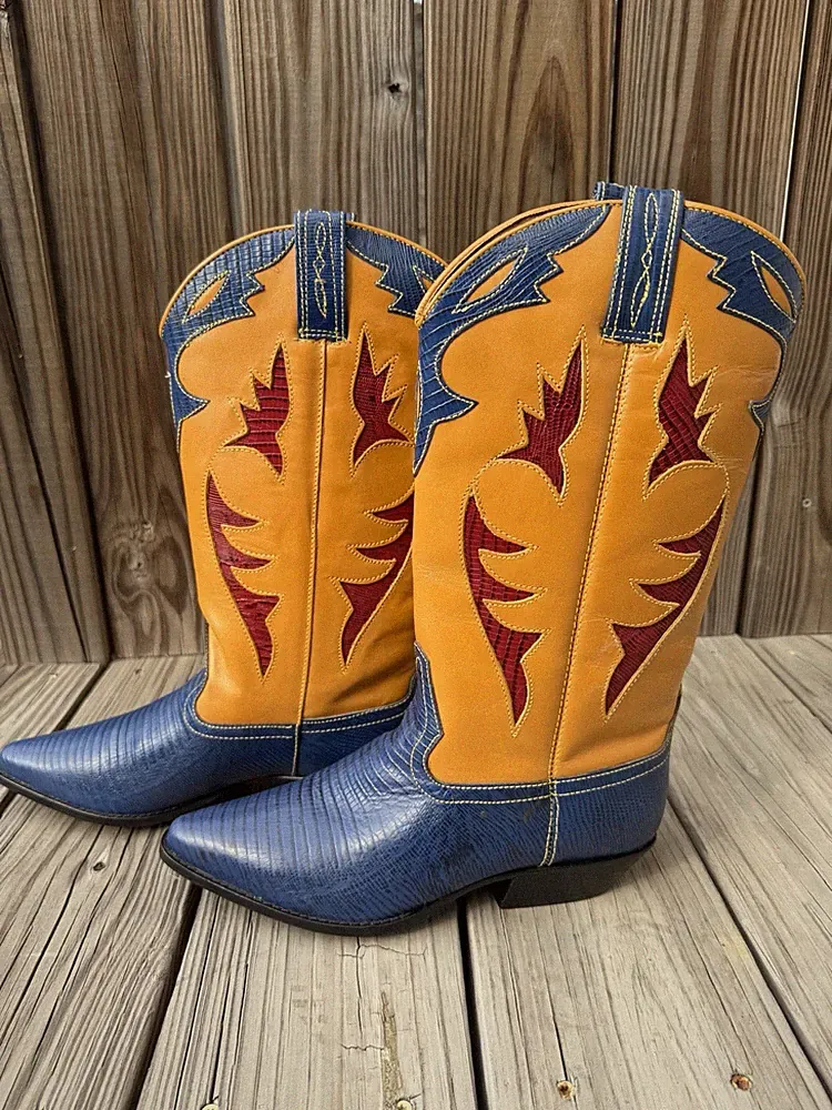 Blue and Yellow Western Equestrian Boots with Decorative Stitching MPN 2085