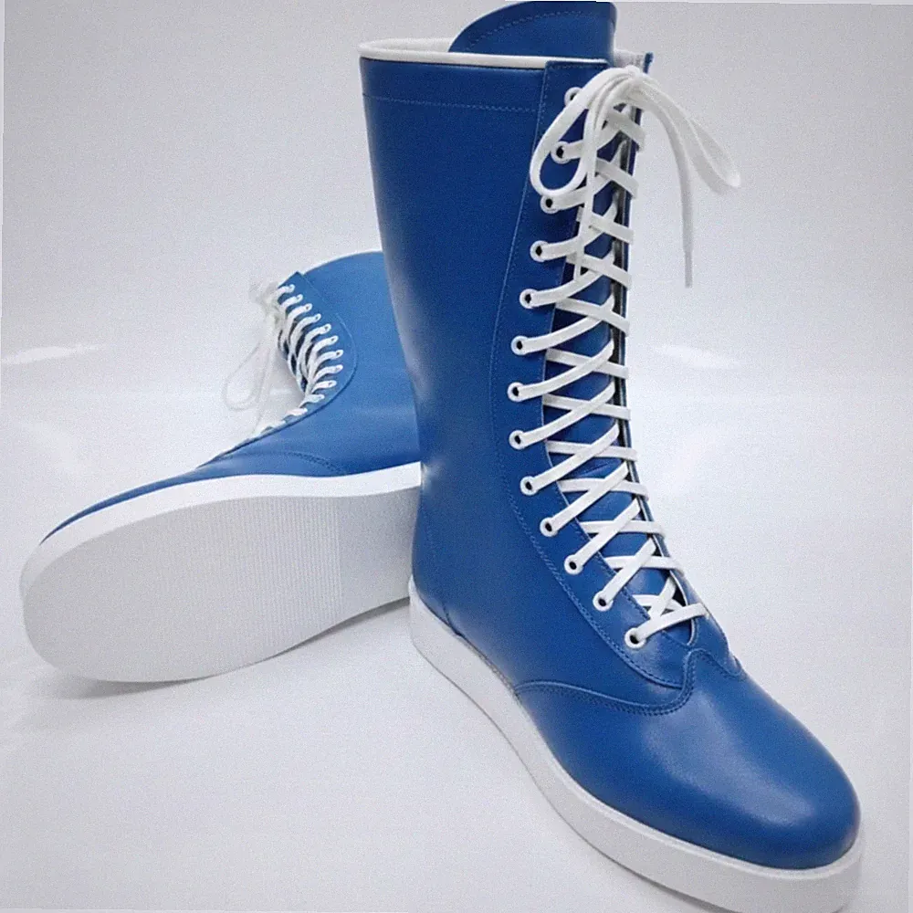 Blue Lace-Up Tall Wrestling Boots White Sole Unisex Knee-High
