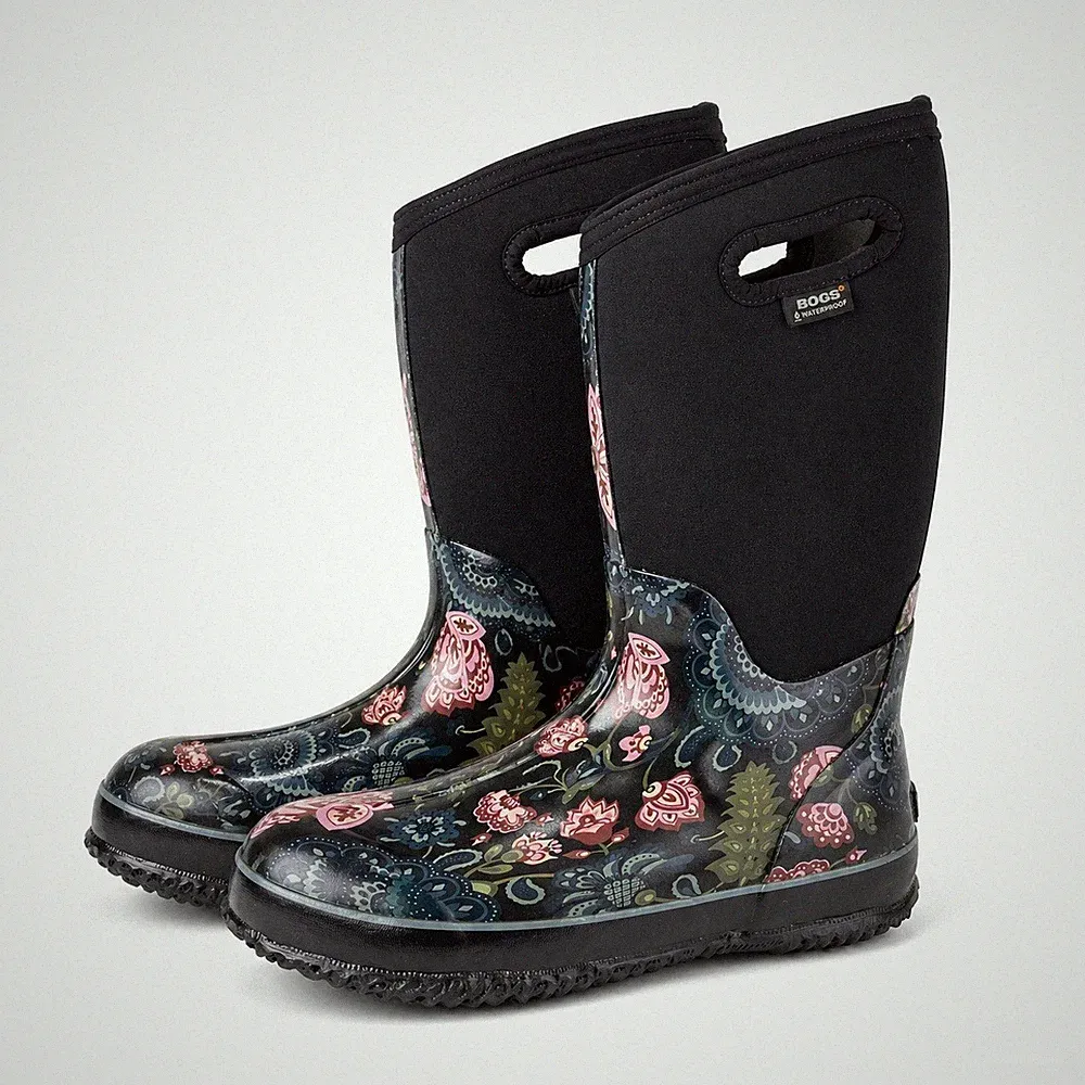 Bogs Winter Boots Sz 9 Black Floral Waterproof Insulated Snow Rain Mud Outdoor