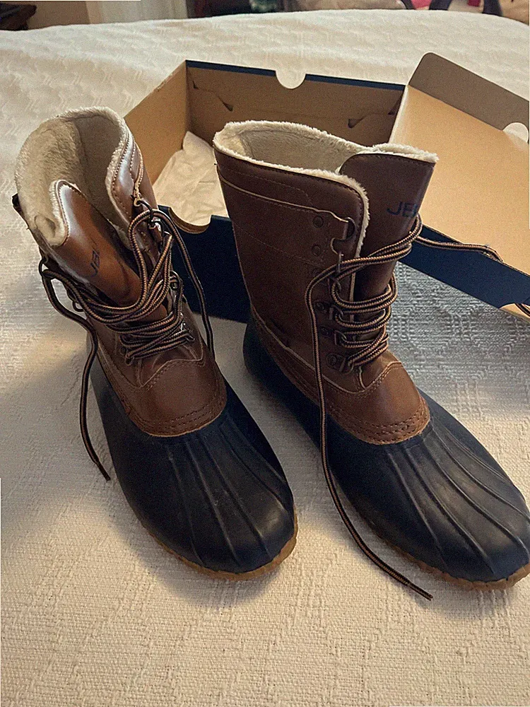 BOOTIES: Rain Boots/Duck Boots - Tan/Dark Brown 9M; Rubber outsole; fur lined