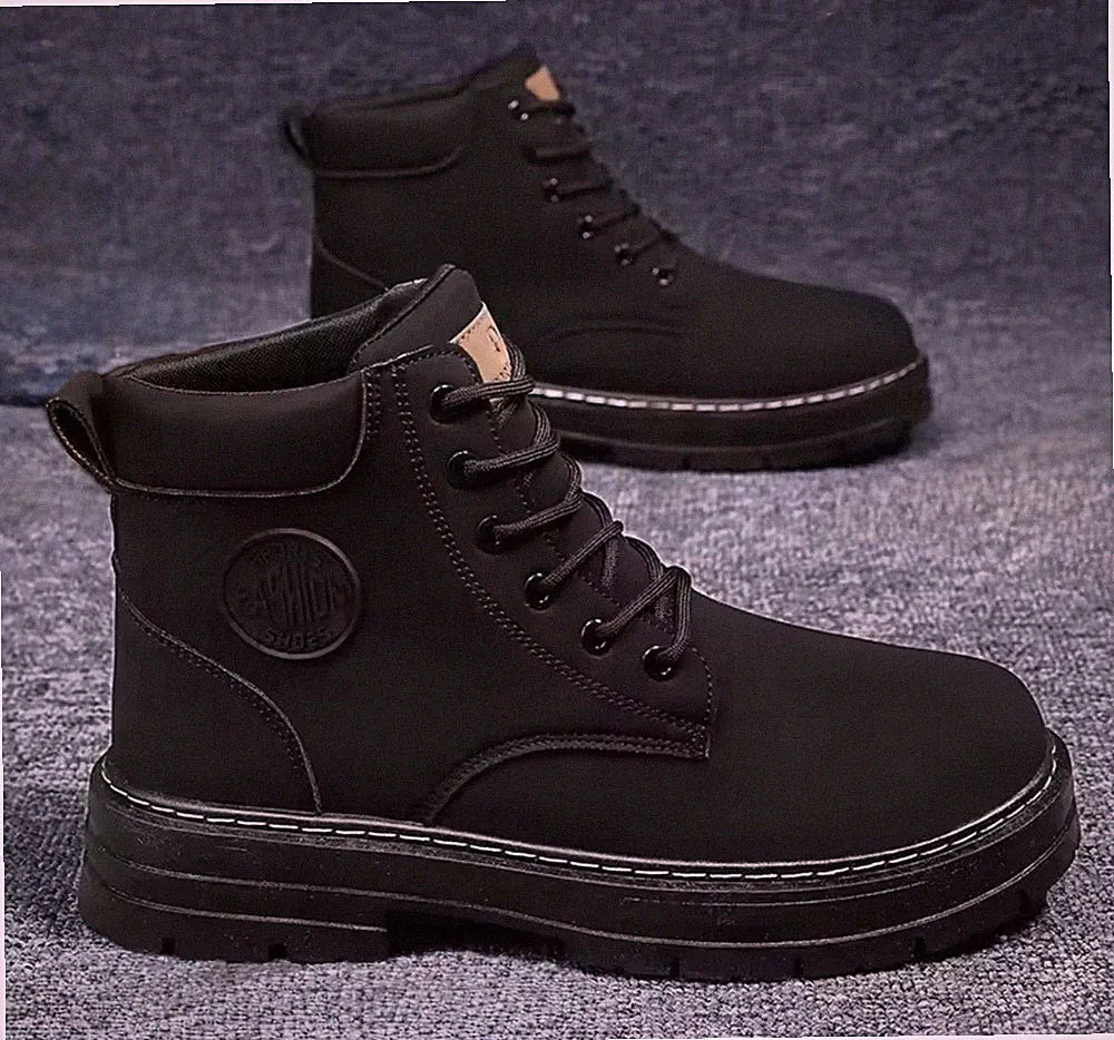 Boots for Men Winter Chunky Rhubarb Boots Men's Motorcycle Ankle Boots Lace-Up