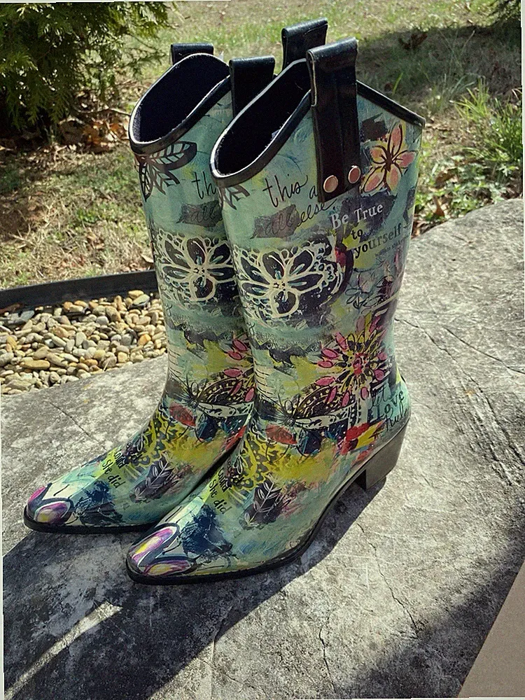 Bops Beehive Cowboy Style Colorful Rubber Boots Womens Sz 6 Rain/Snow/Winter