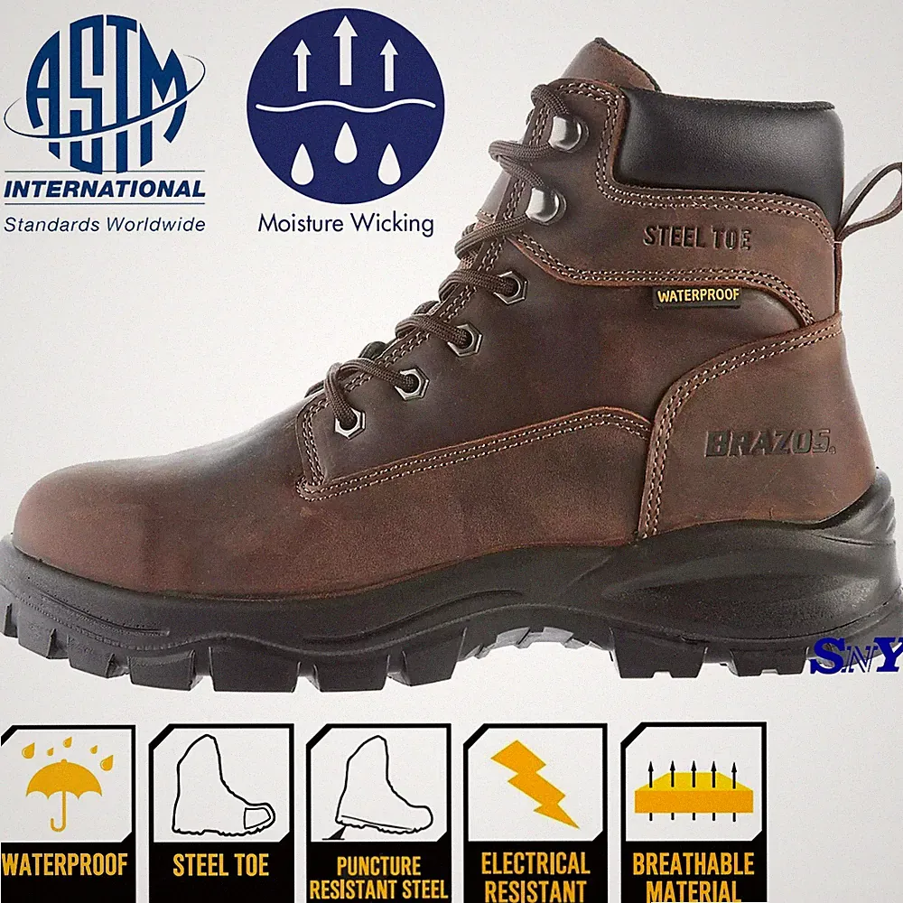 BRAZOS Men's Steel Toe Waterproof Brown Leather Work Boot Puncture Resistant NEW
