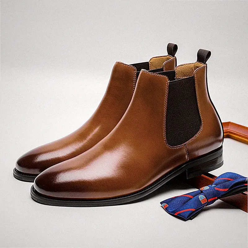 British Vintage Chelsea Boots, Work Boots Leather Fleece Boots for Men