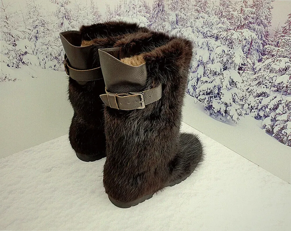 Brown Beaver Fur Boots for Men, Mens Winter Snow Boots Gift for men