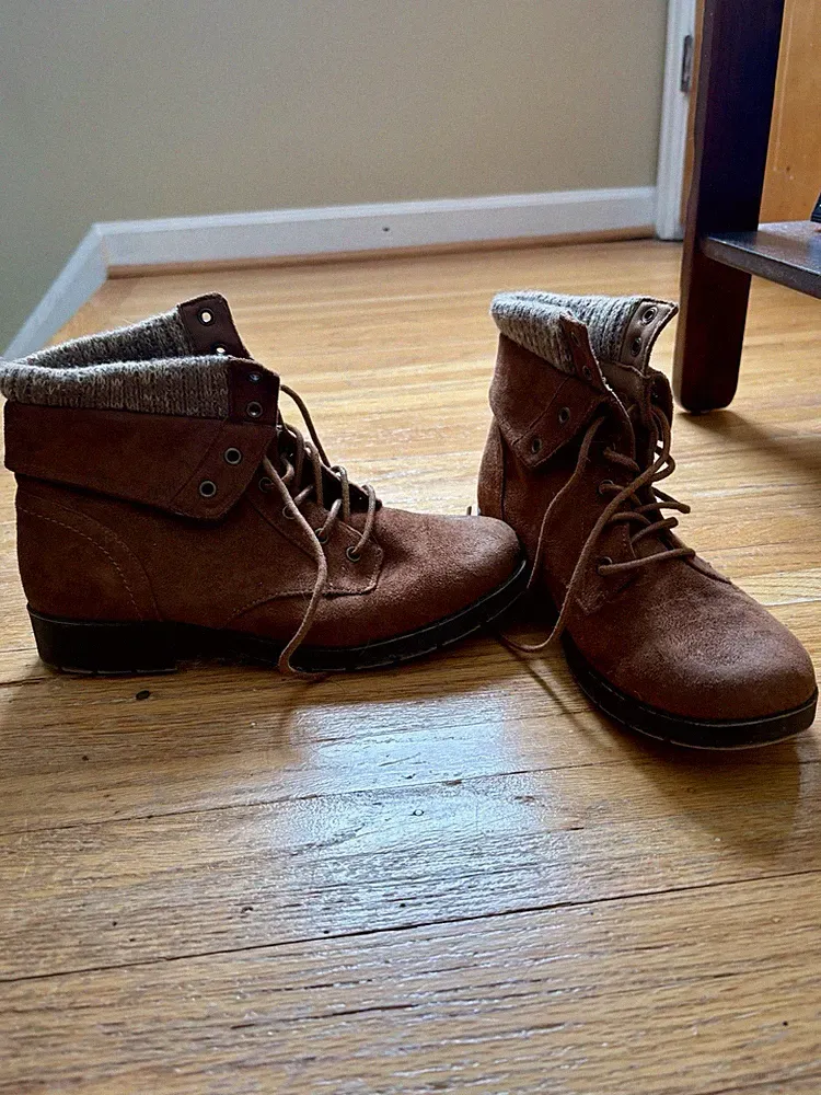 Brown Faux Suede Lace-Up Ankle Bootie with Knit Lining for Women