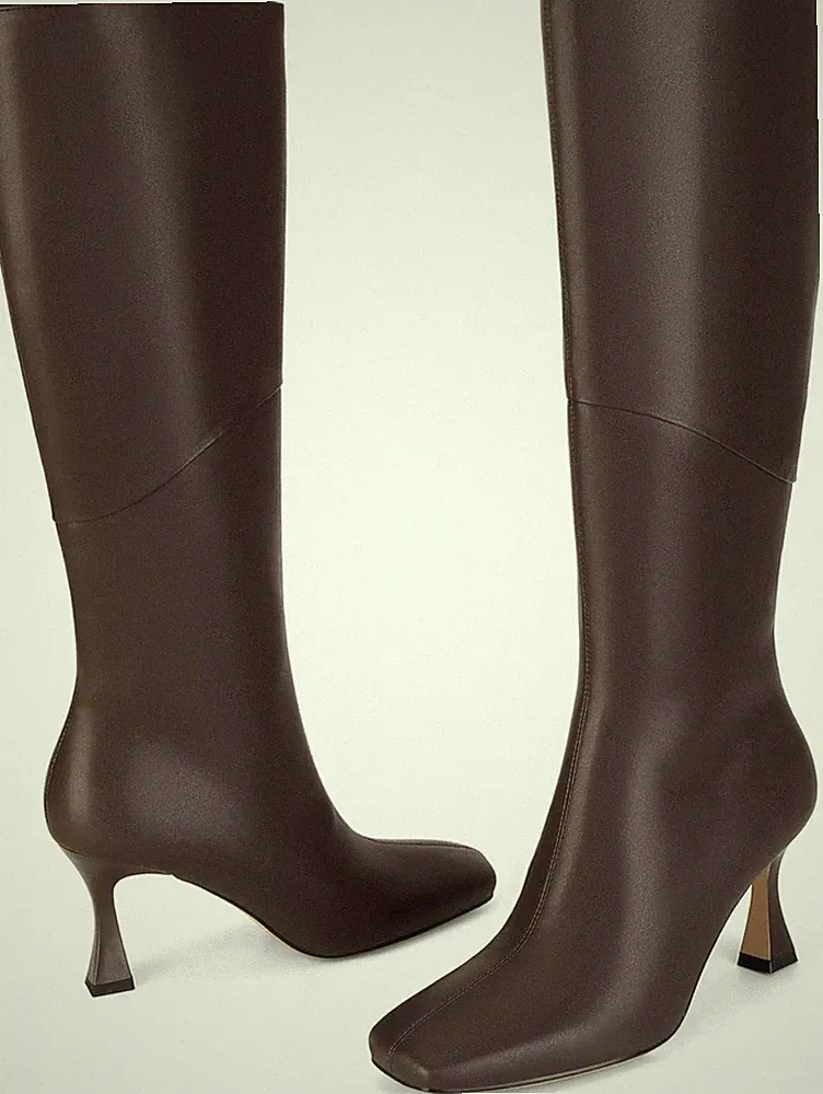 Brown Leather Knee High Zip Flare Heel Square Toe Riding Boot 8.5